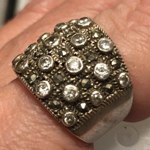 VICTORIA TOWNSEND Sterling Marcasite CZ Wide Cigar Band Ring Sz 7.5 Checker